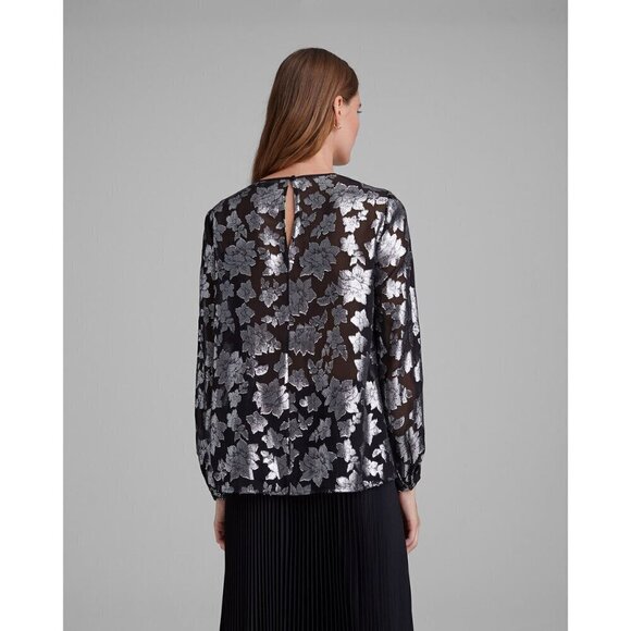 NWT Club Monaco black & silver metallic fibre burnout floral print sheer blouse - Picture 3 of 16